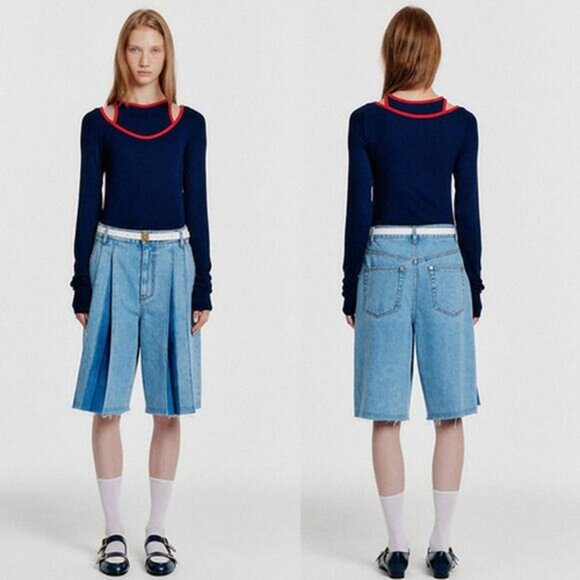 NEW EENK YECO Pleated Raw Hem Denim Bermuda Shorts Blue Light Wash Size: Small - Picture 1 of 10
